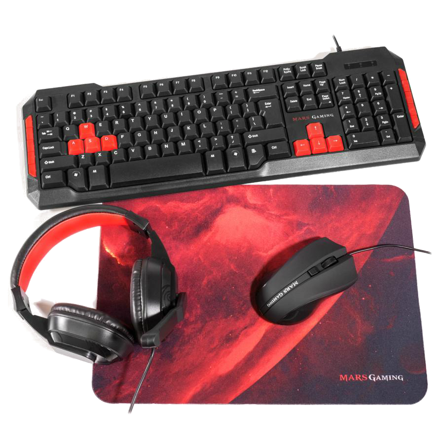 Pack Gaming Mrcp1 teclado alfombrilla y auriculares rojo negro combo 4in1 kit ultrabass headset marsgaming 4en1 tecladocascos 2800dpi 35x25cm 4 pcs raton 10