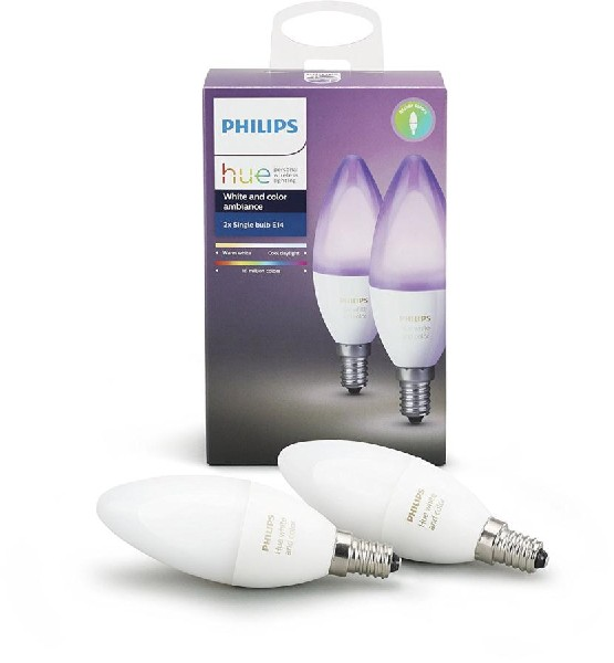 Pack 2 bombillas LED vela inteligentes E14 Philips Hue, Luz Blanca y de Color, Domótica