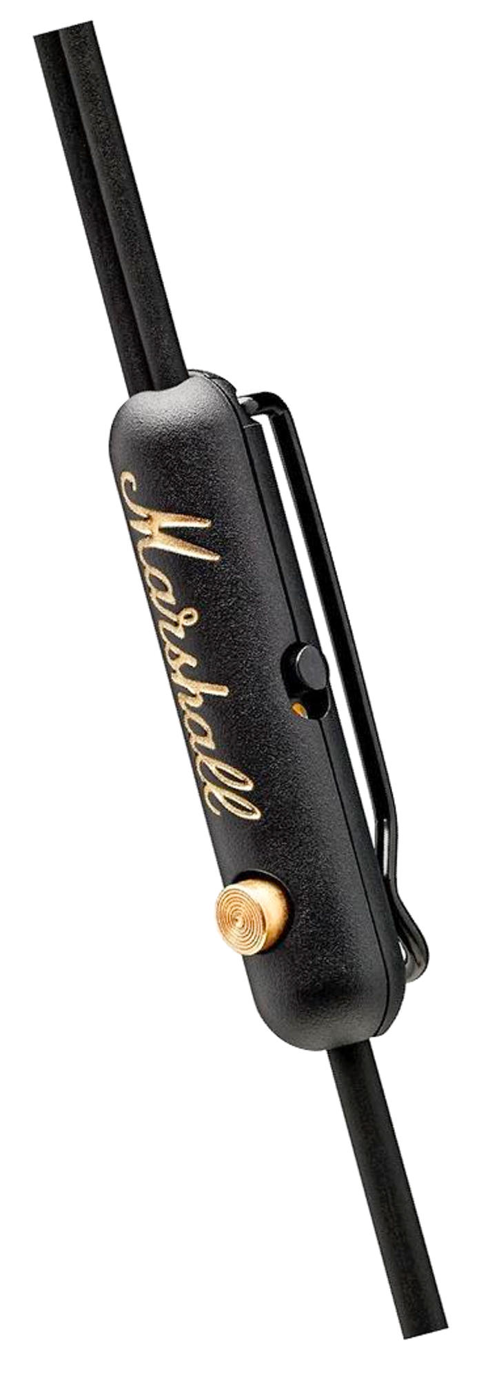 Gros plan sur une commande de microphone en ligne noire Marshall avec texte et bouton dorés.
