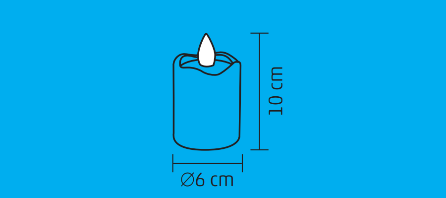 Kék gyertya vonalrajza fehér lánggal. Méretek: 6 cm átmérő, 10 cm magasság, kék háttéren.