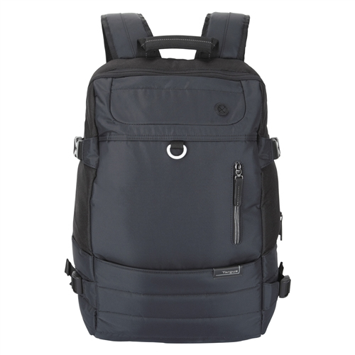 Mochila negra con múltiples compartimentos, cremalleras y correas. Tiene el logotipo de Targus.