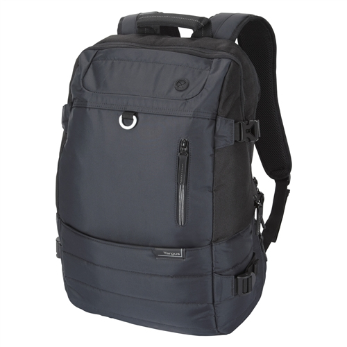 Mochila Targus negra con múltiples compartimentos, cremalleras y asa superior.