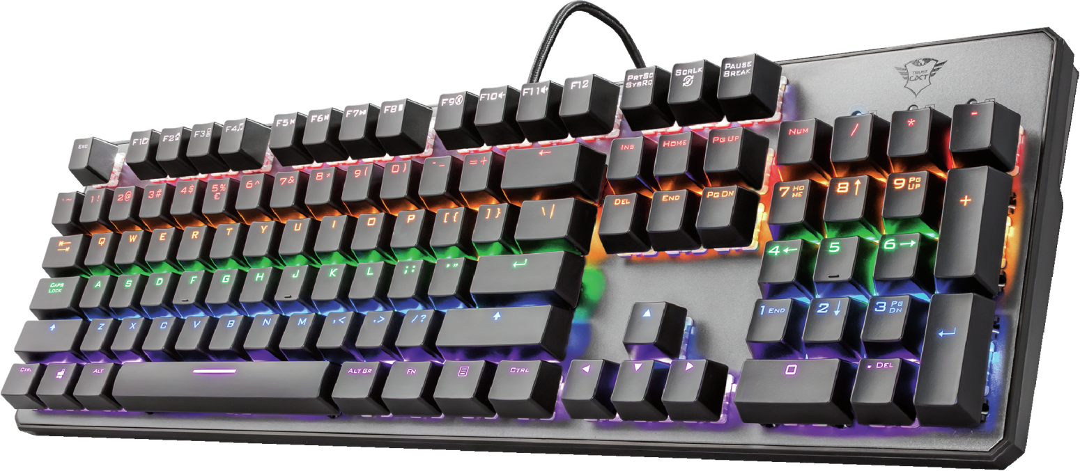 RGB gaming billentyűzet fekete billentyűkkel és többszínű fényekkel.