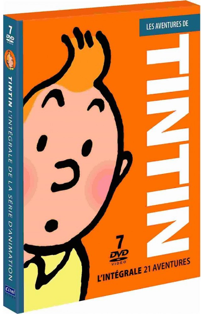 Coffret DVD de Tintin. La couverture montre le visage de Tintin et les mots 'Tintin' et 'L'intégrale', en orange et blanc.