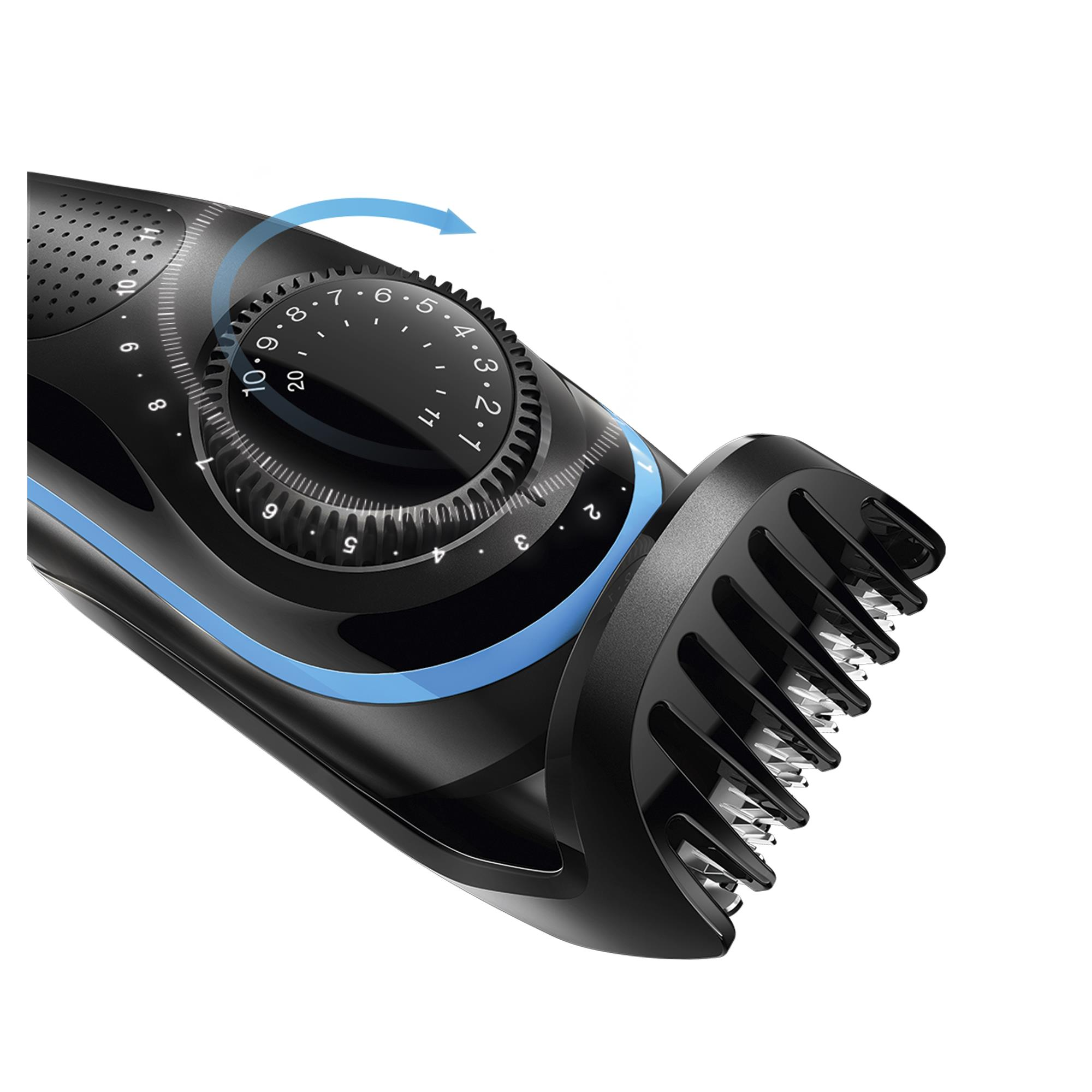 Ein schwarzer Barttrimmer mit blauem Akzent, der ein Einstellrad zeigt.