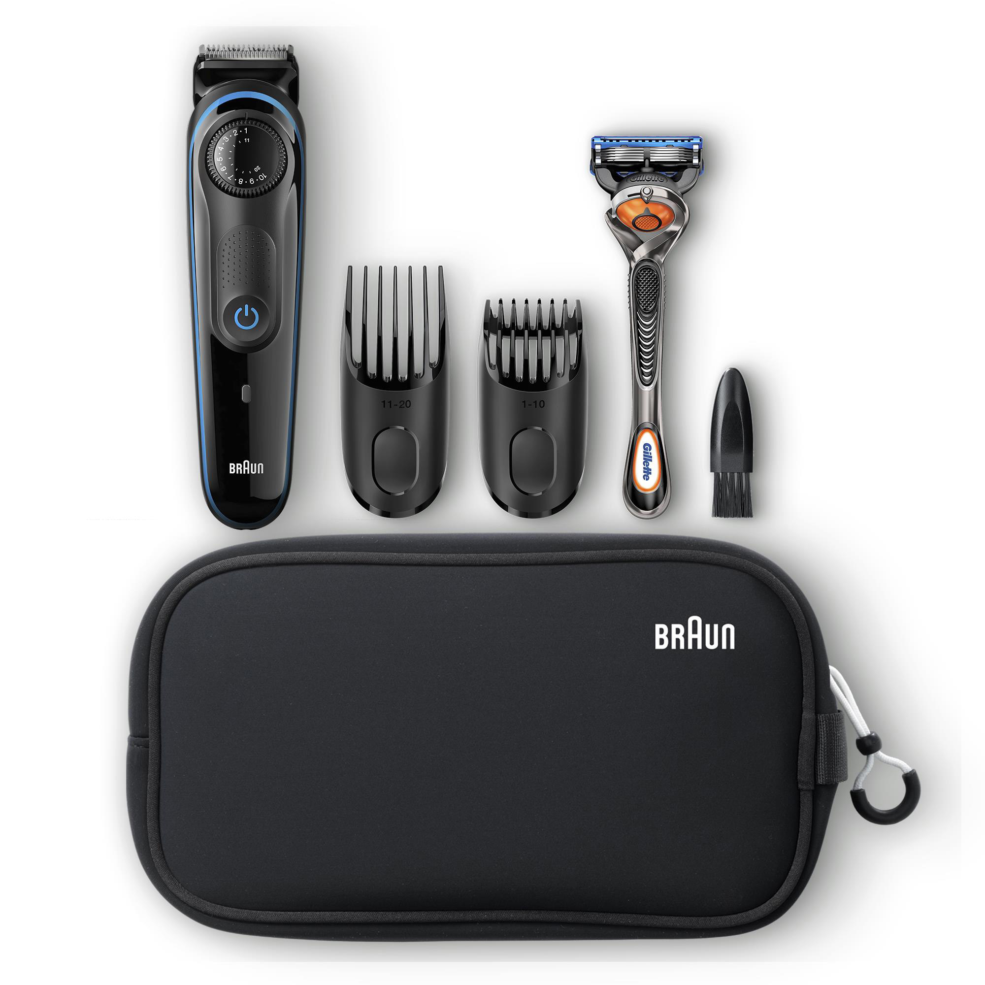 Braun Barttrimmer, Trimmeraufsätze, Rasierer, Bürste und schwarze Reisetasche auf Weiß.