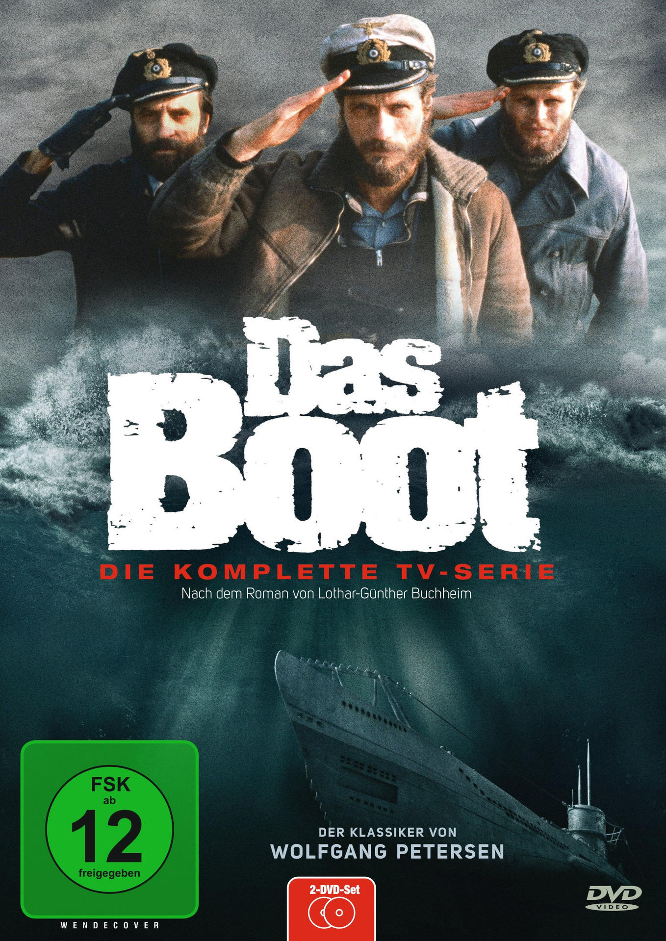DVD-Cover. Drei Männer in Marineuniformen. Der Text lautet 'Das Boot', mit einem U-Boot im Hintergrund.