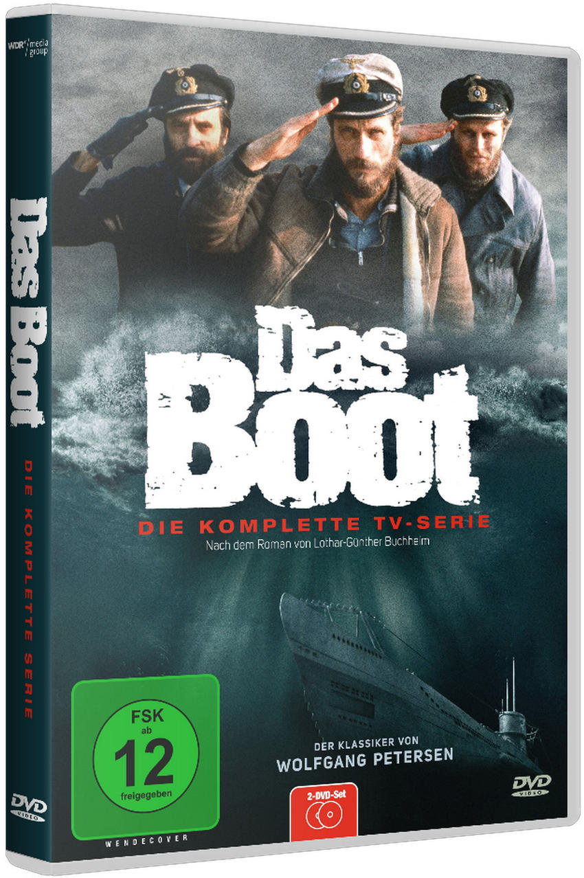 DVD-Cover von Das Boot, drei Männer salutieren, U-Boot unten, dunkelblaues Wasser.