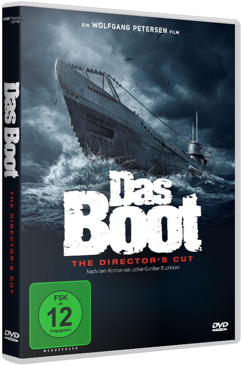 DVD-Hülle für den Film Das Boot mit U-Boot-Bild auf weißem Hintergrund.