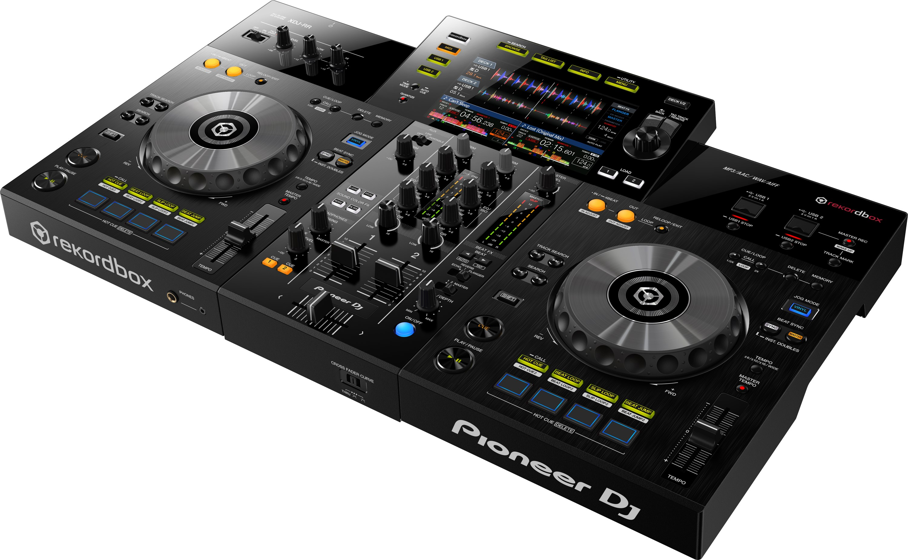 Contrôleur Pioneer DJ noir avec plusieurs boutons, boutons et écrans.