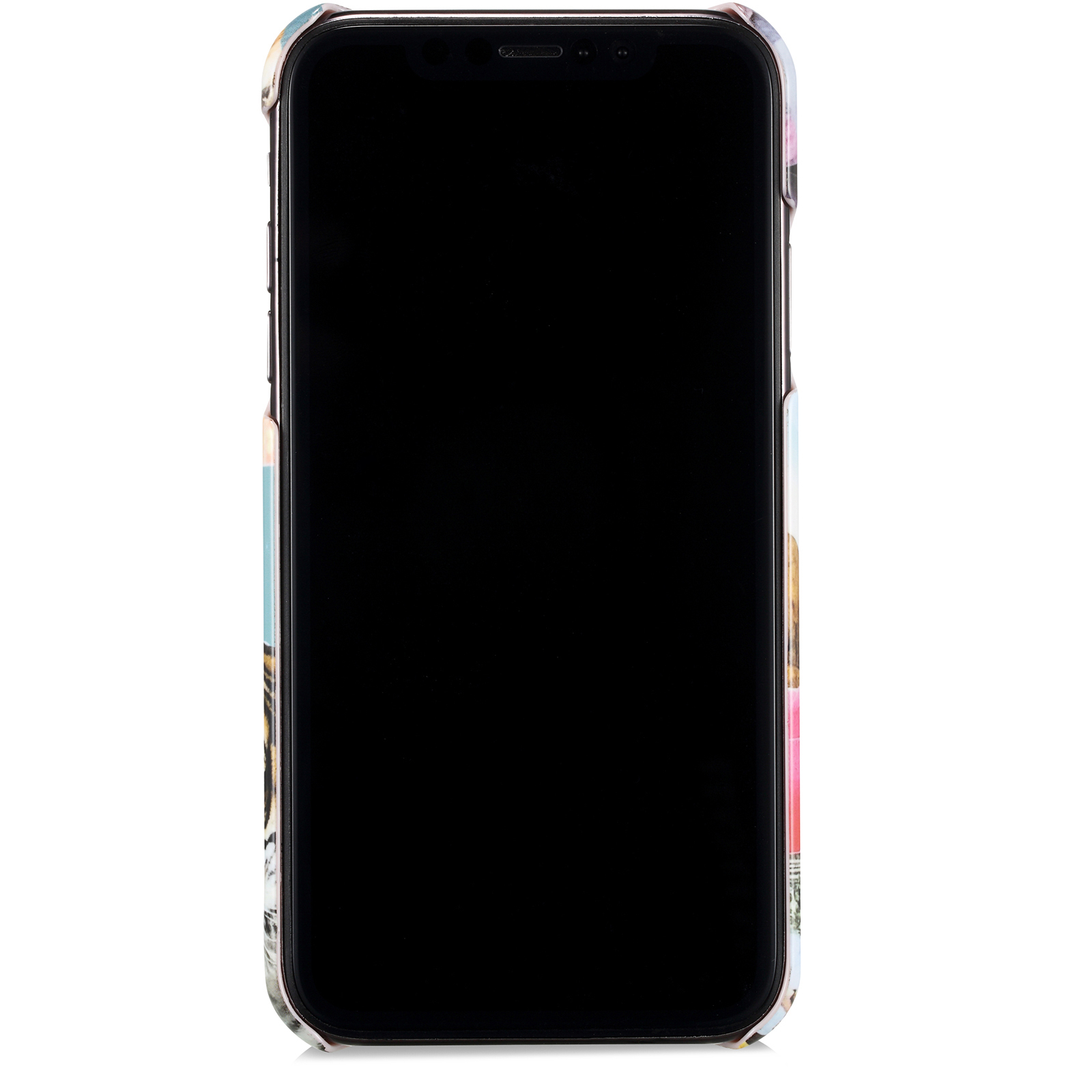 Smartphone in einer Hülle mit farbenfrohem Design. Der Bildschirm ist schwarz.