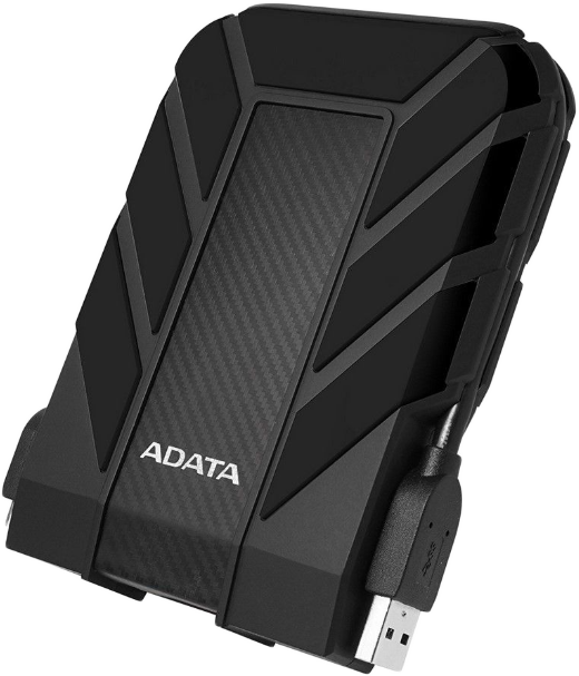 Fekete ADATA külső merevlemez robusztus kialakítással és USB-kábellel.