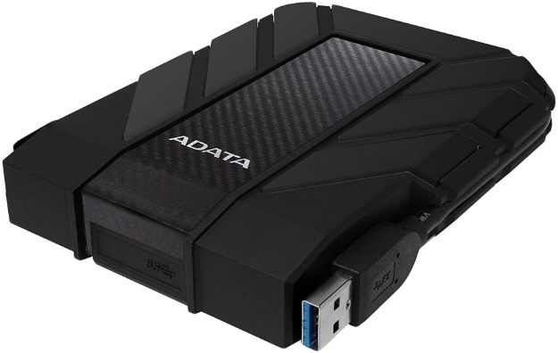Fekete ADATA külső merevlemez csatlakoztatott USB kábellel.