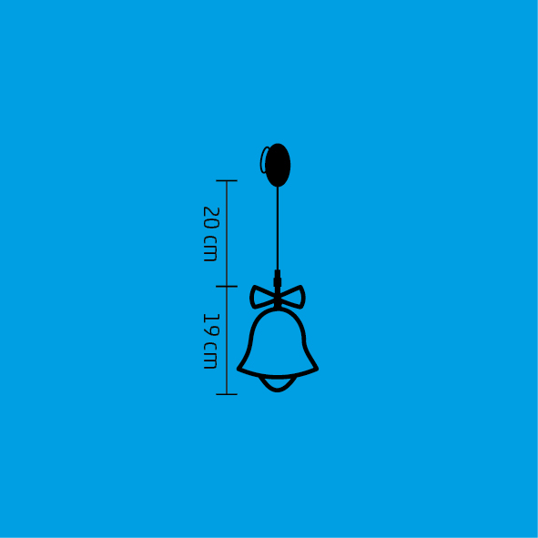 Kék háttér fekete harang alakú függőlámpával. A méretek centiméterben vannak megadva.