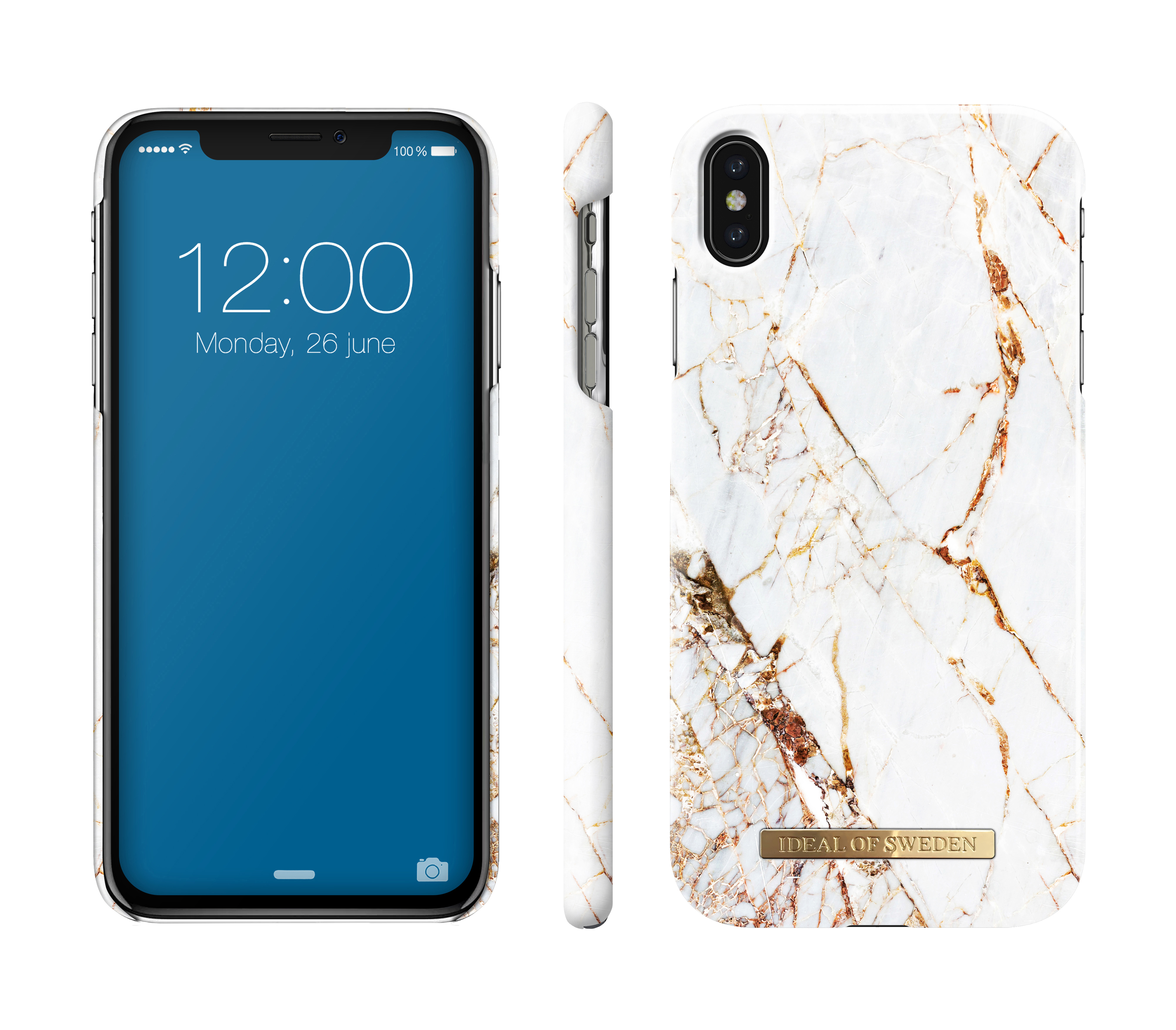 Weißes Marmor-iPhone-Case mit goldenen Linien. Das Telefon zeigt einen blauen Sperrbildschirm.
