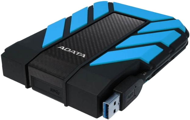 Egy fekete-kék ADATA külső merevlemez. USB 3.0 csatlakozóval rendelkezik.