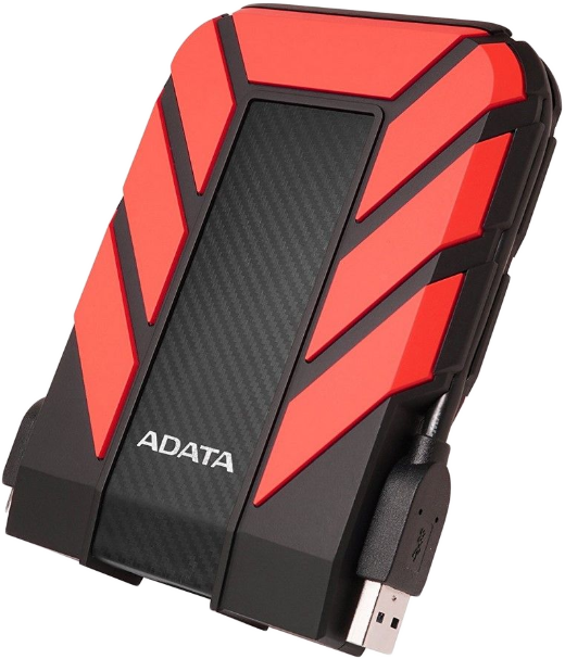 Egy fekete-piros külső merevlemez USB-kábellel. Az ADATA márkanév látható.