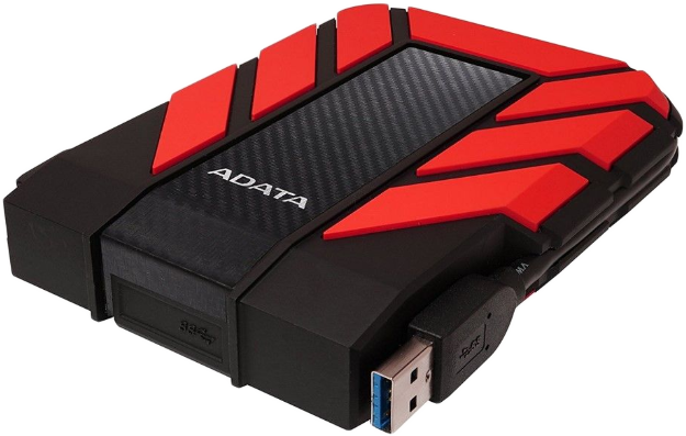 Egy fekete-piros ADATA külső merevlemez, USB kábellel.