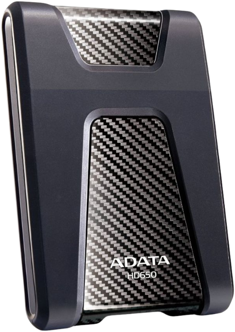 Fekete külső merevlemez szénszálas díszítéssel, ADATA HD650 felirattal.