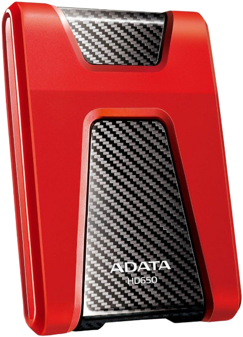 Piros ADATA HD650 merevlemez szénszálas dizájnnal az elején.