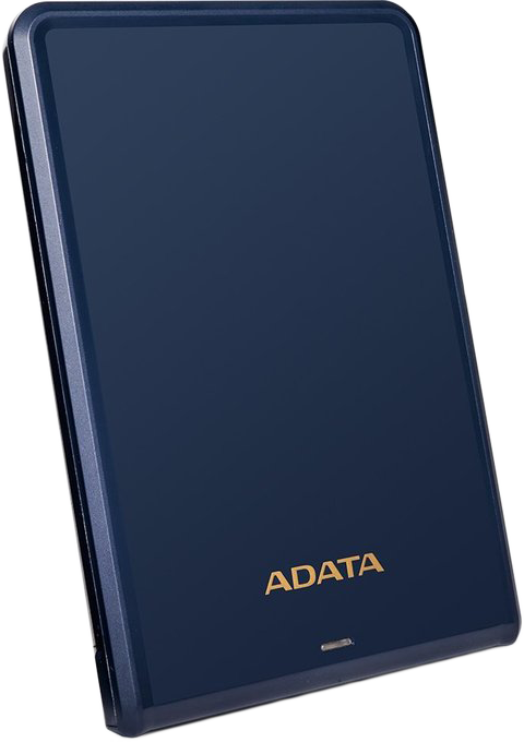Sötétkék ADATA külső merevlemez arany szöveggel.