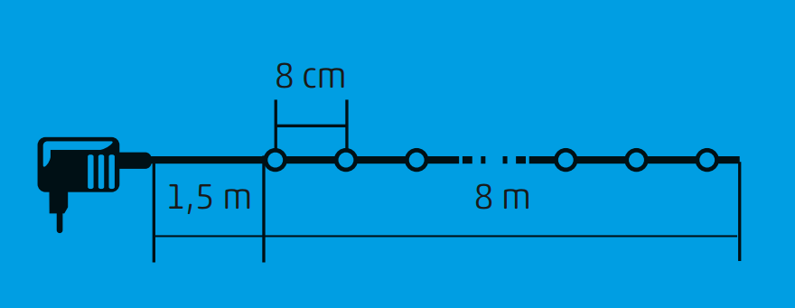 Egy diagram egy fekete kábelt mutat körök sorozatával és méretekkel, kék alapon.