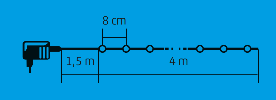 Tápkábel diagramja dugóval és körök sorozatával, mérésekkel. Kék háttér.