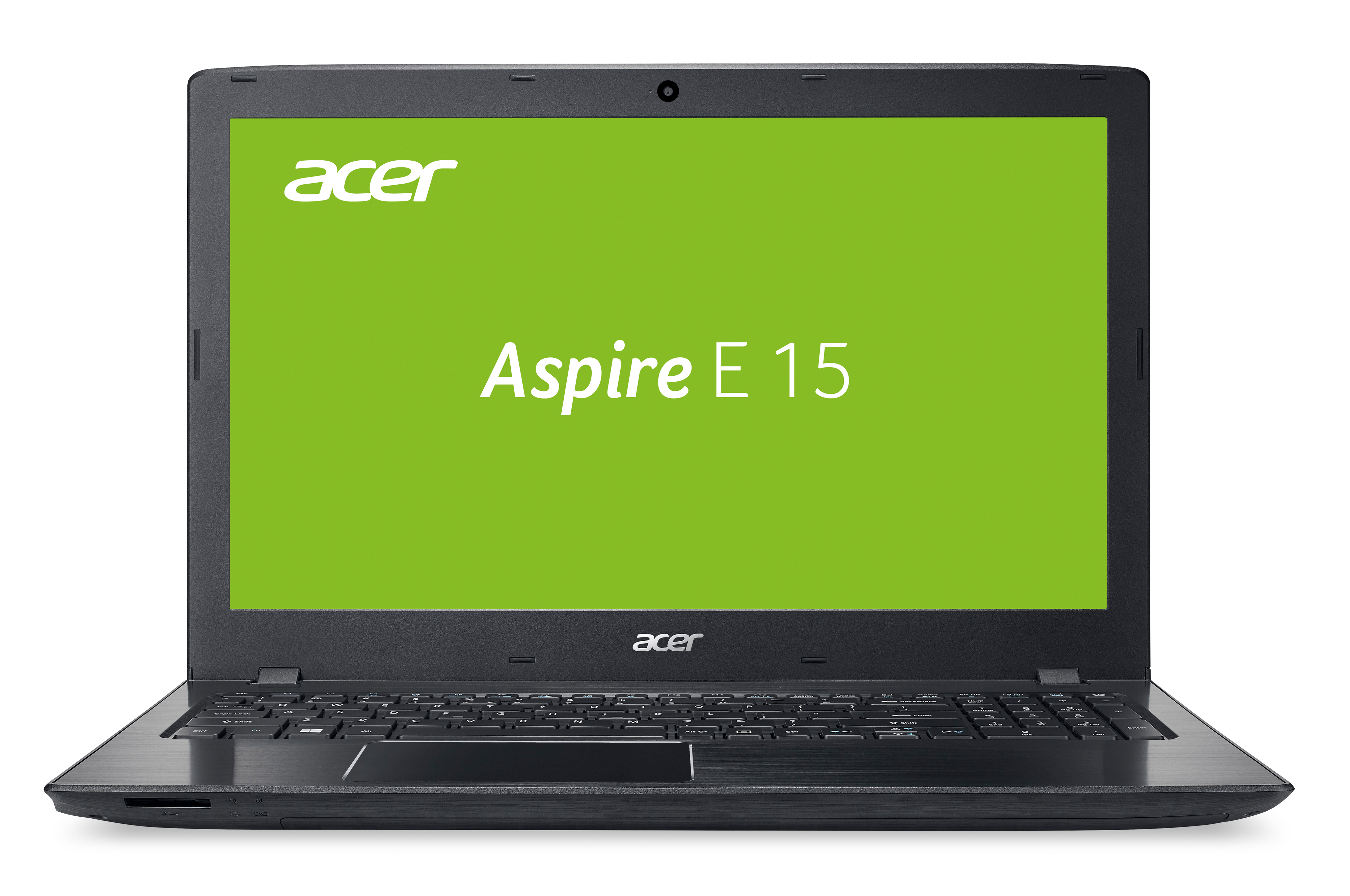Ein geöffnetes Acer Aspire E 15 Laptop mit einem grünen Bildschirm. Das Acer-Logo befindet sich oben und unten.