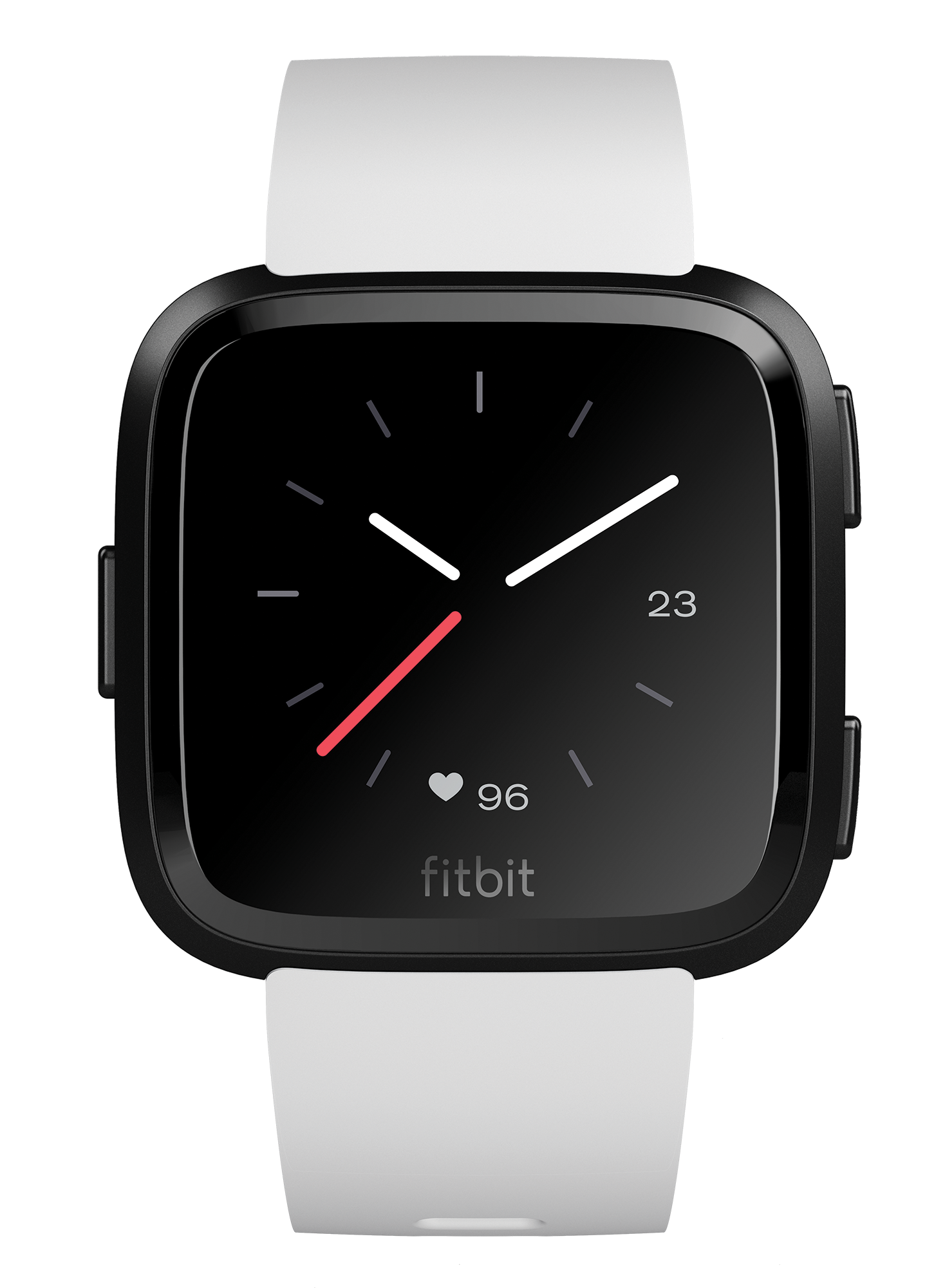 Fitbit smartwatch met een zwart vierkant scherm, witte bandjes. Display toont tijd, hartslag en datum 23. De achtergrond is grijs.