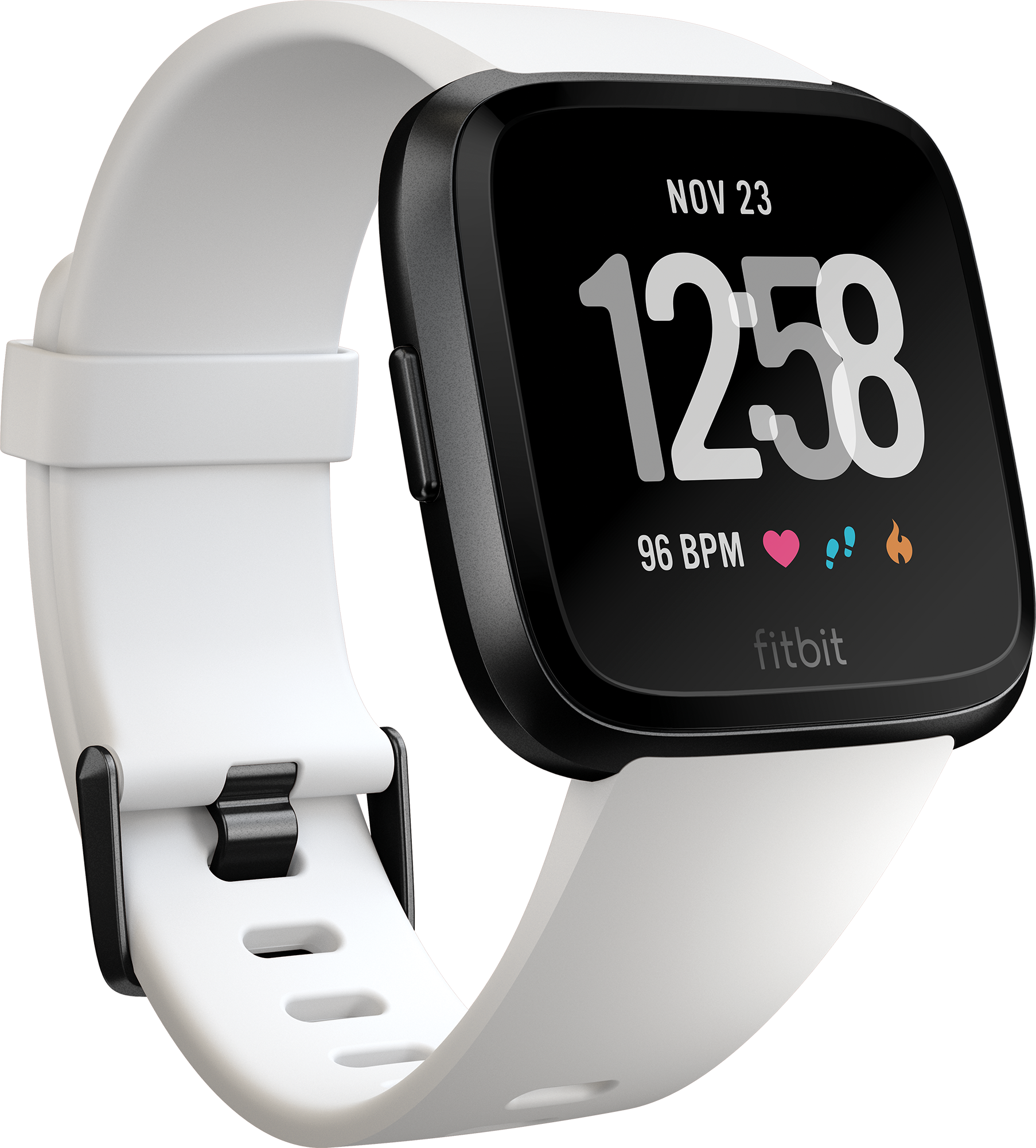 Witte Fitbit Versa smartwatch. Zwart scherm toont tijd en gezondheidsgegevens. Witte band met zwarte sluiting.