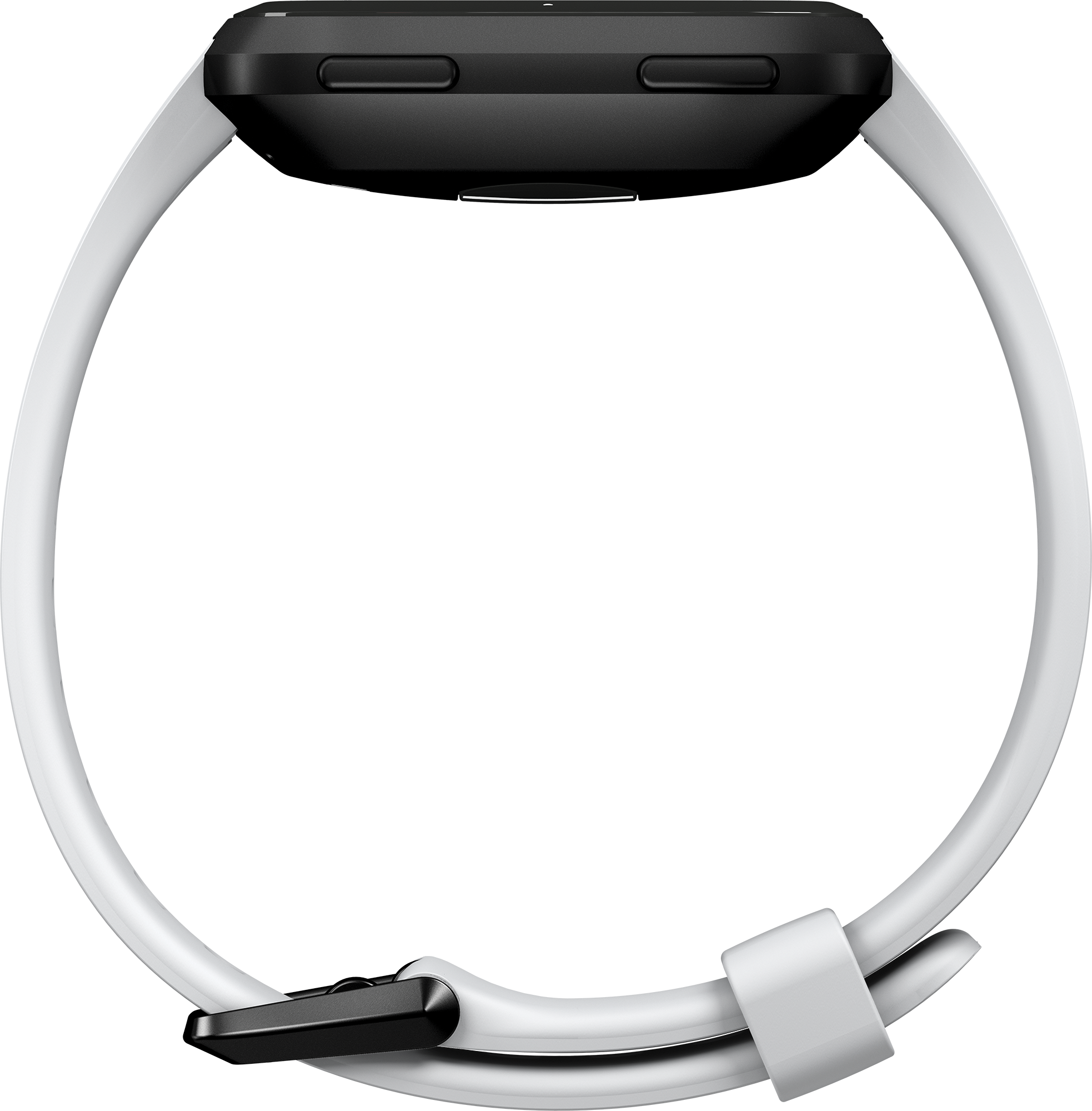 Er wordt een zwarte smartwatch met een witte band getoond. Het horloge is gecentreerd. De band heeft een volledige cirkelvorm.