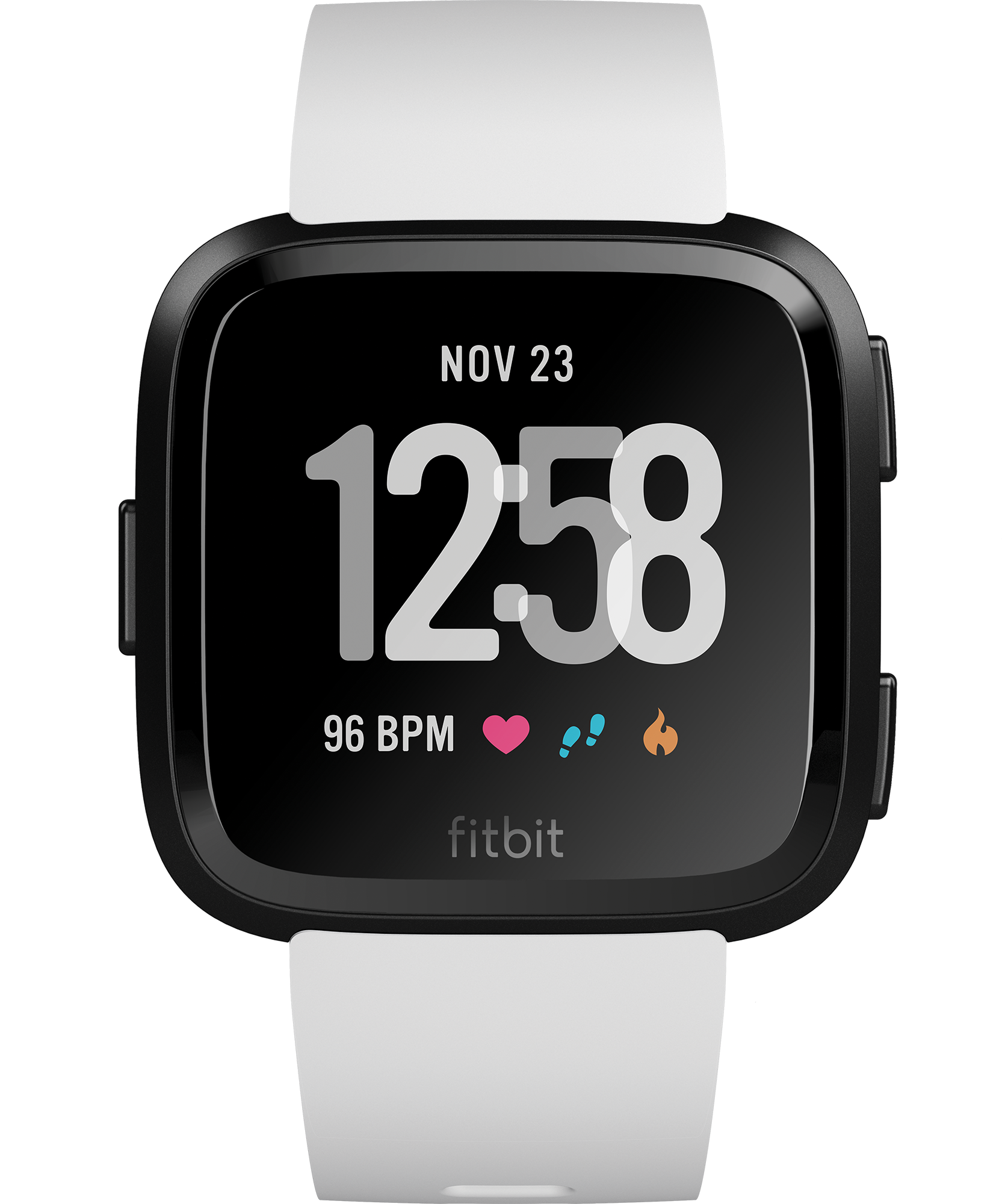 Zwarte Fitbit smartwatch met witte bandjes. Het scherm toont tijd, datum, hartslag en activiteit iconen.