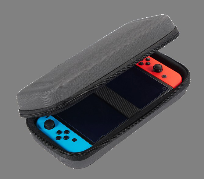 Graue Nintendo Switch Hülle. Innen eine Switch-Konsole und Controller.
