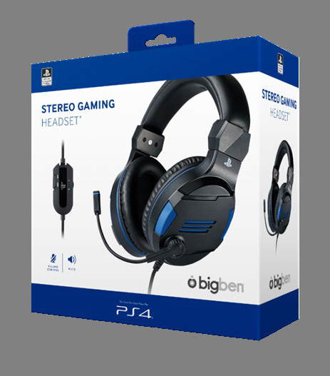Stereo-Gaming-Headset in einer Box, mit blauem und schwarzem Design. Die Box hat das PS4-Logo.