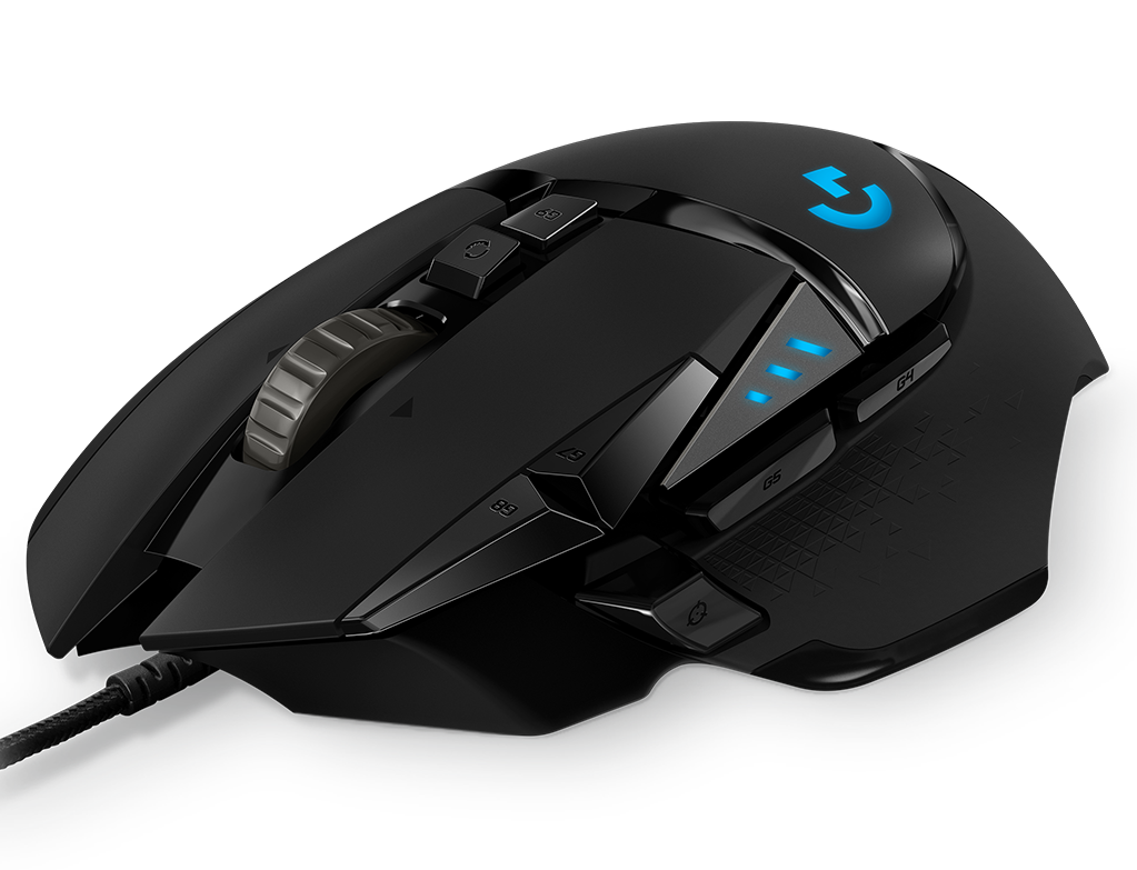 Zwarte gamingmuis met blauwe lichten, meerdere knoppen en een scrollwiel.