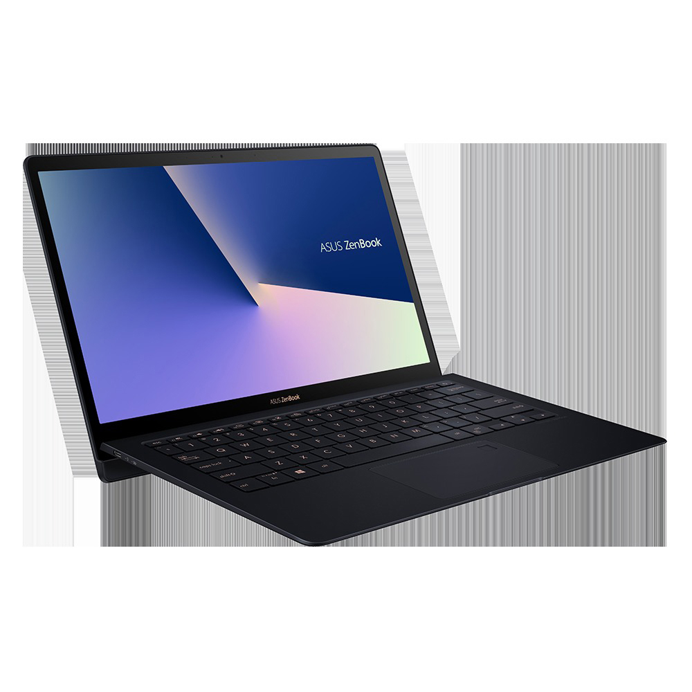 Ein schwarzer ASUS ZenBook Laptop mit blauem Bildschirm und geöffnetem Zustand auf weißem Hintergrund.