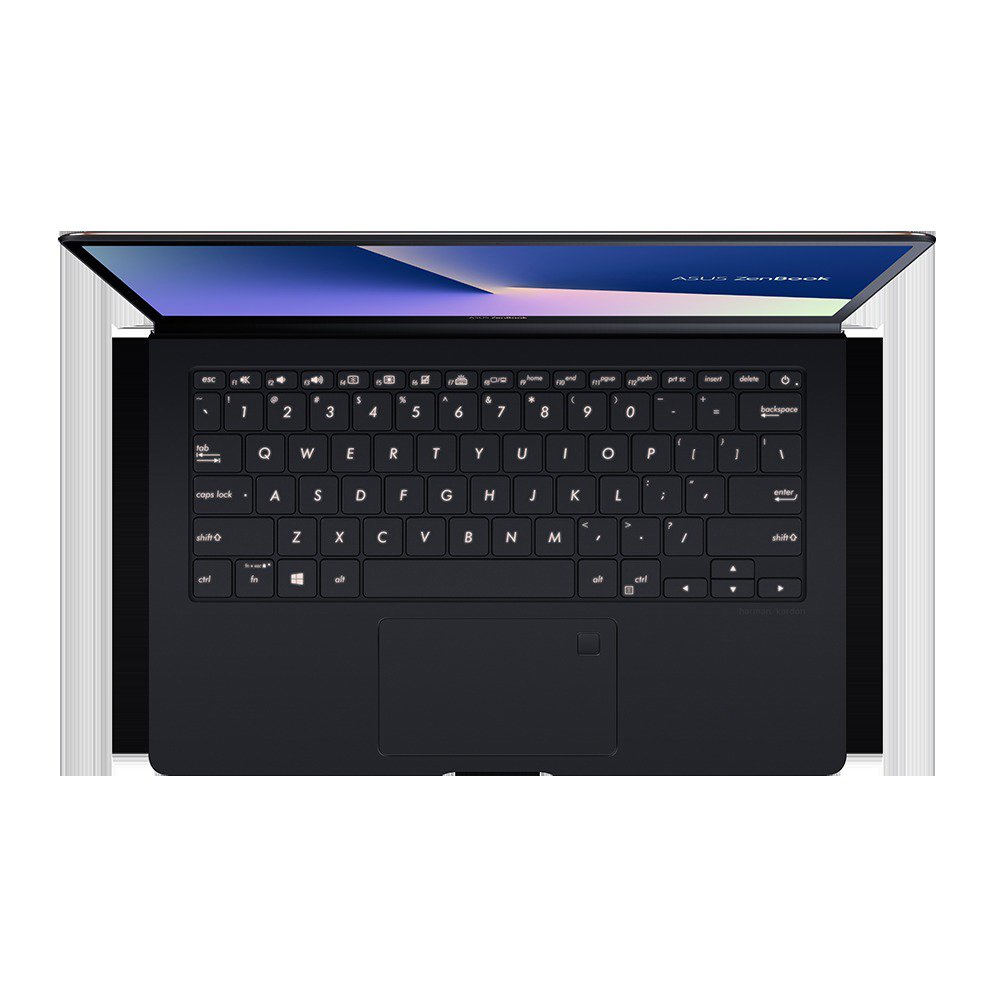 Draufsicht auf einen schwarzen Laptop mit beleuchteter Tastatur und blauem Bildschirm.