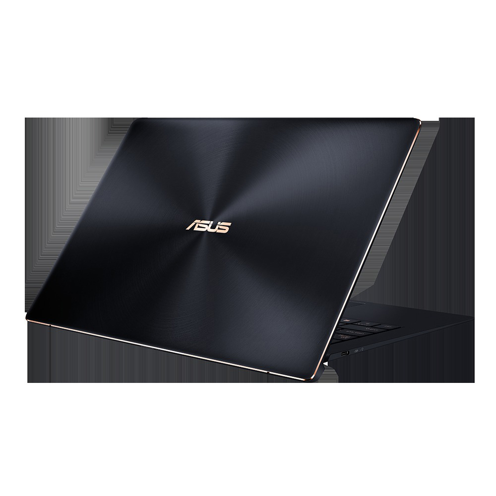 Ein schwarzer Asus-Laptop mit gebürstetem Metalldesign und goldenen Kanten auf weißem Hintergrund.