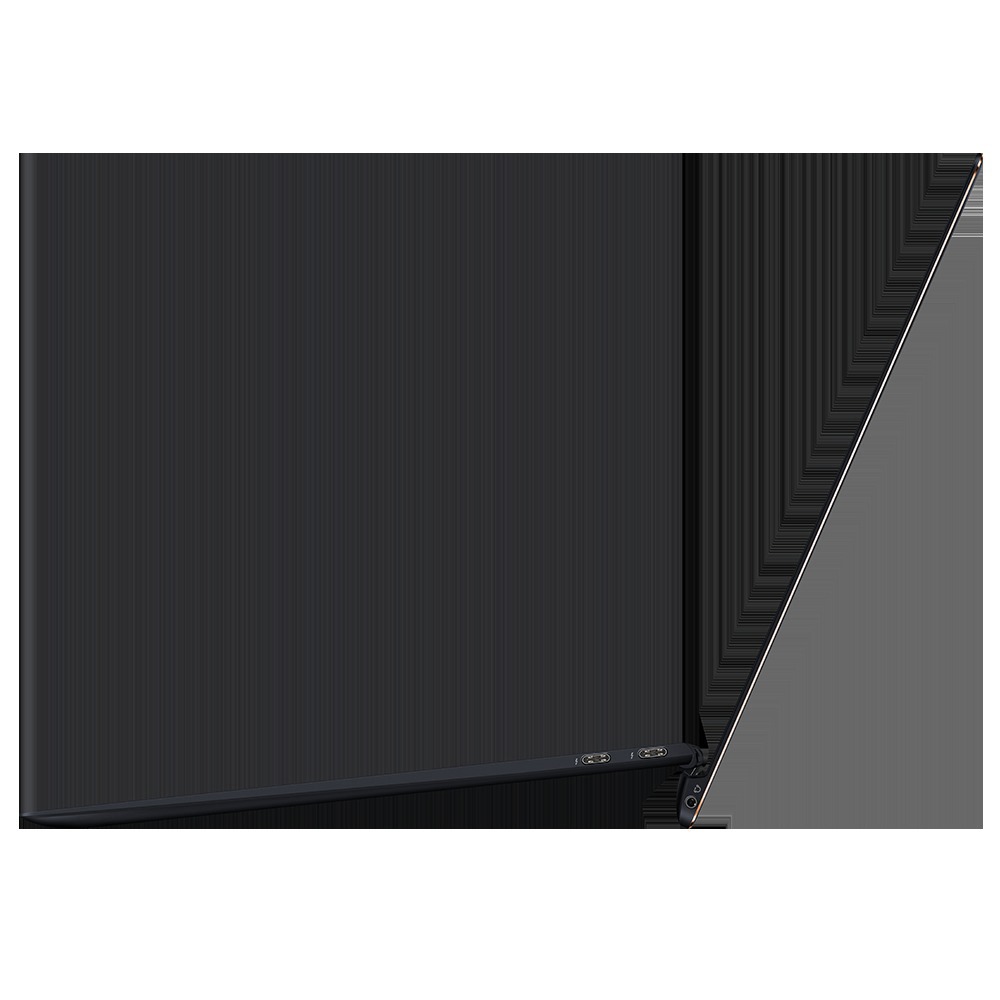 Seitenansicht eines dünnen schwarzen Laptops mit sichtbaren Anschlüssen und geöffnetem Display.