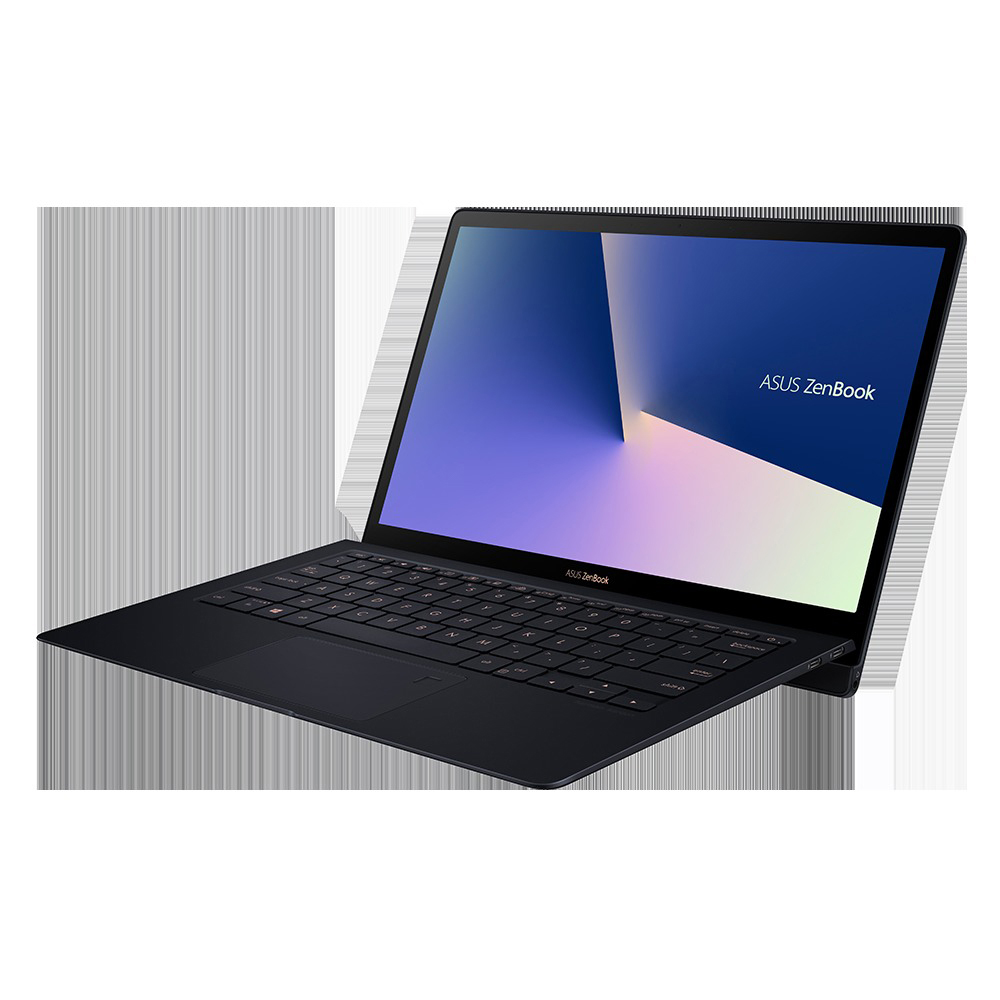 Ein schwarzer Asus ZenBook Laptop steht auf einer weißen Oberfläche mit blauem Bildschirm.