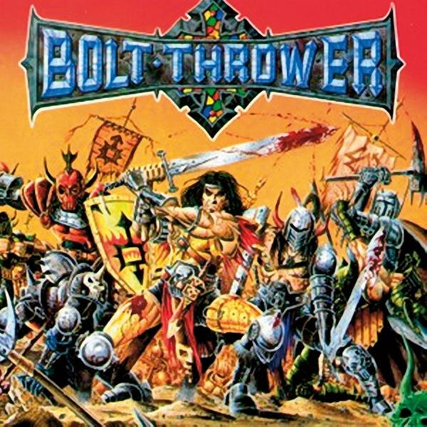 Albumcover für Bolt Thrower mit einer Kampfszene mit Kriegern und einem Schwert.
