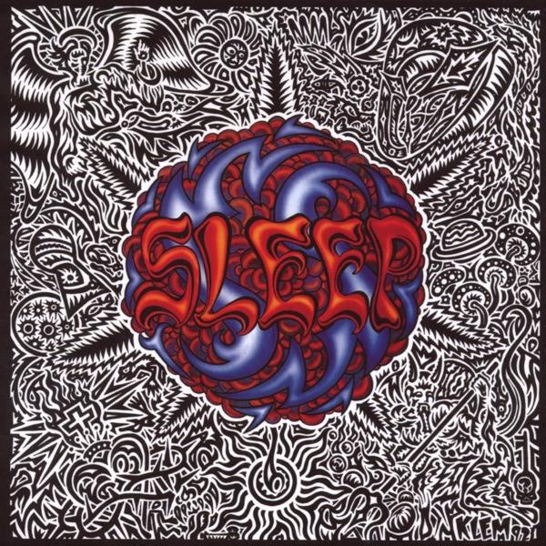 Sleep-Albumcover. Bunter Sleep-Text in einem Kreis, umgeben von Schwarz-Weiß-Mustern.