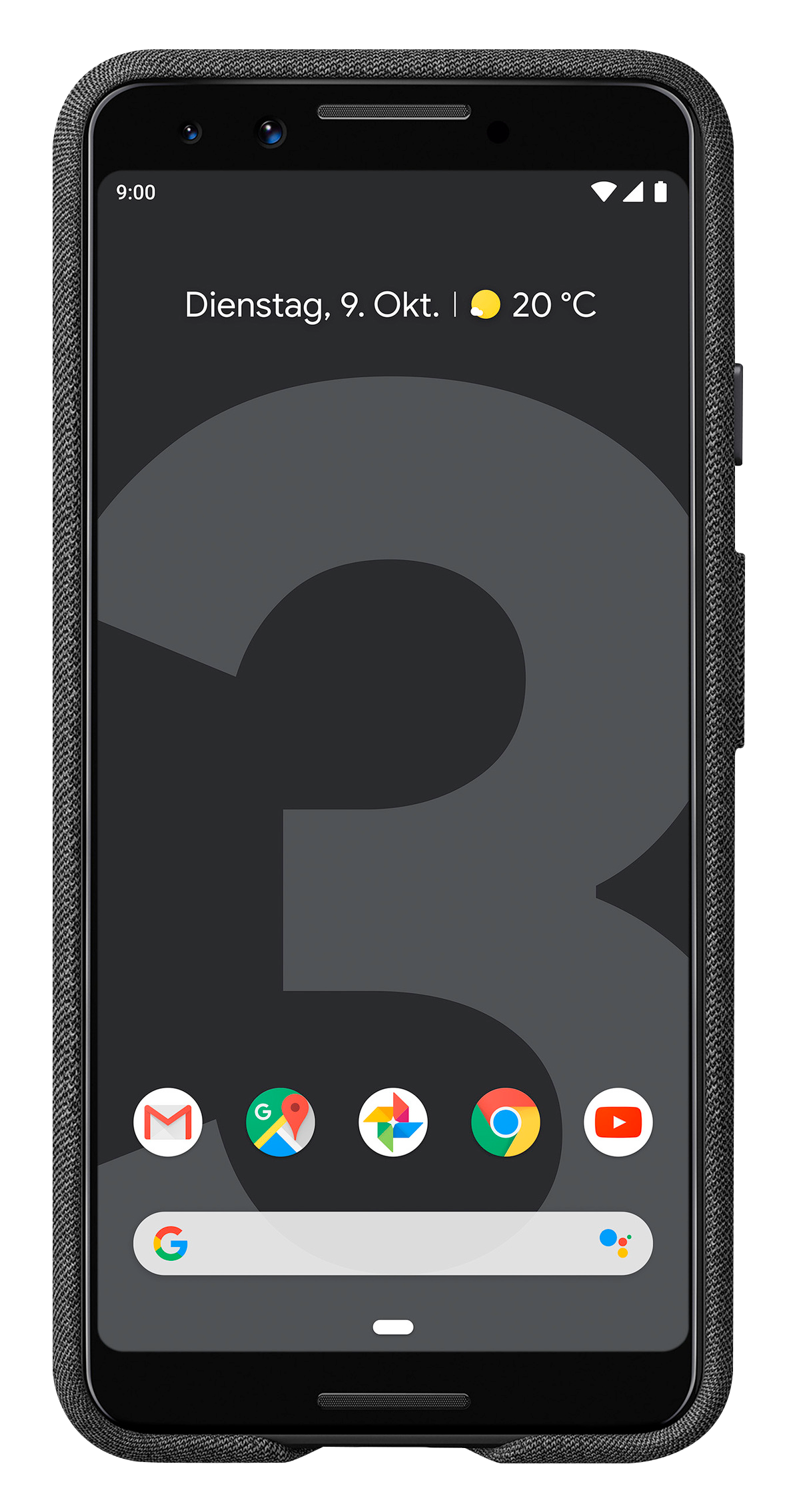 Schwarzes Telefon, Anzeige zeigt Zeit, Datum und App-Symbole. Schwarzes Gehäuse.