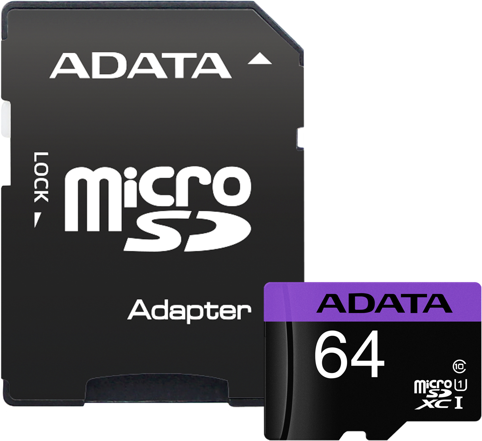 Fekete ADATA Micro SD kártya és adapter, a kártyán 64-gyel. Fekete fehér szöveggel.