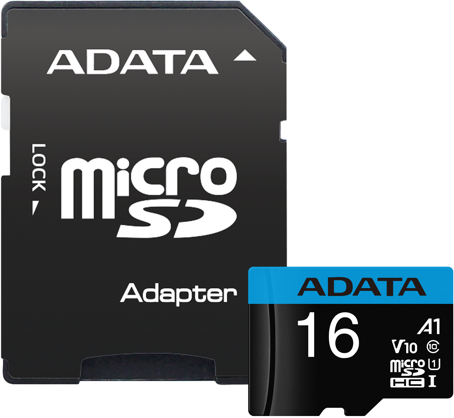 Fekete MicroSD kártya adapterrel. Fehér szöveg fekete felületen. ADATA logó.