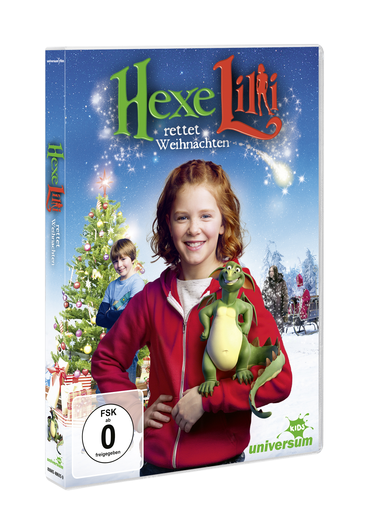 DVD-Cover mit Mädchen und grünem Drachen. Deutscher Text, Weihnachtsmotiv.