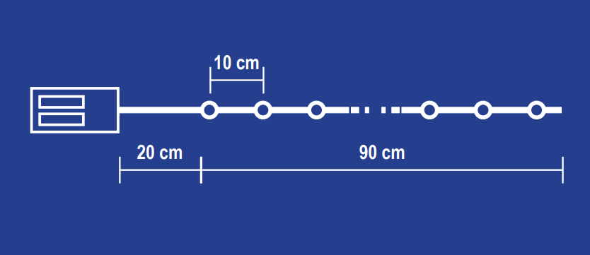 Pontok vonalának diagramja mérésekkel. Tartalmaz egy téglalapot és 7 kört.