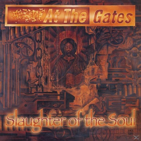 Albumcover für "Slaughter of the Soul" von At The Gates. Zeigt eine religiöse Figur umgeben von Maschinerie. Brauntöne.