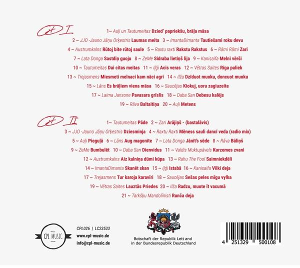CD-Rückseite: Titelliste, Text auf Lettisch. CPL Musiklogo. Rot und Schwarz.