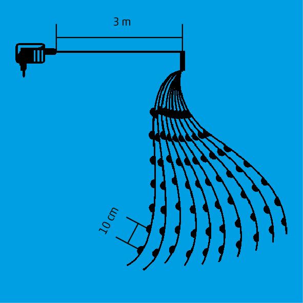 Egy zuhanyrendszer vázlata, 3 méteres rúddal és 10 cm-es szórófelülettel.
